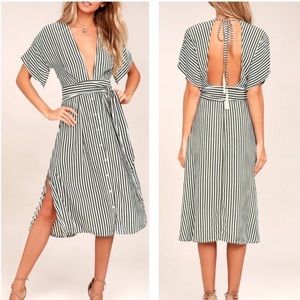 Faithfull the Brand Mustang Olive Green Striped Midi Dress, size 4